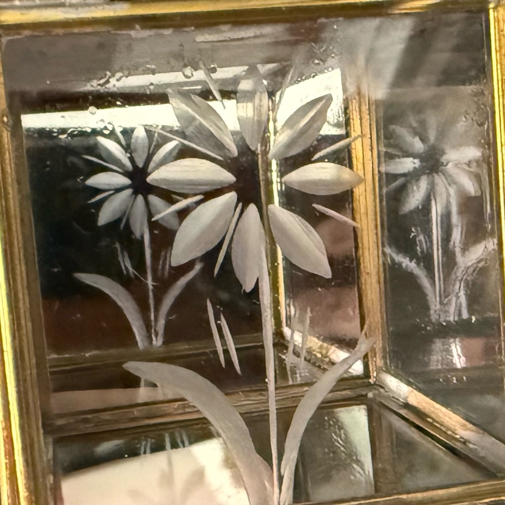 Glass Jewelry Box with Etched Flower on Lid and Mirror Bottom - Picture 2 of 14